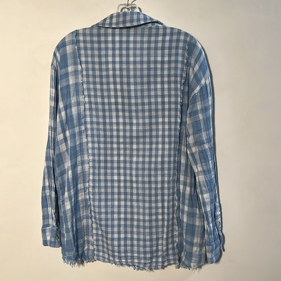 HEM & THREAD Boho Cottage Gauze 2 Pocket Buffalo/Plaid Blue/WHT Fringe Top S/M - Picture 3 of 16